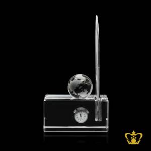 Personalized-crystal-pen-holder-with-clock-and-globe-for-desktop-customized-with-your-name-designation-logo