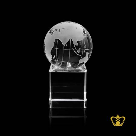 Handcrafted-Crystal-Globe-Stand-on-Crystal-Clear-Cube-Customized-Text-Logo