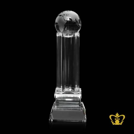 Pillar-trophy-with-globe-on-top-crystal-with-clear-base-customized-text-logo