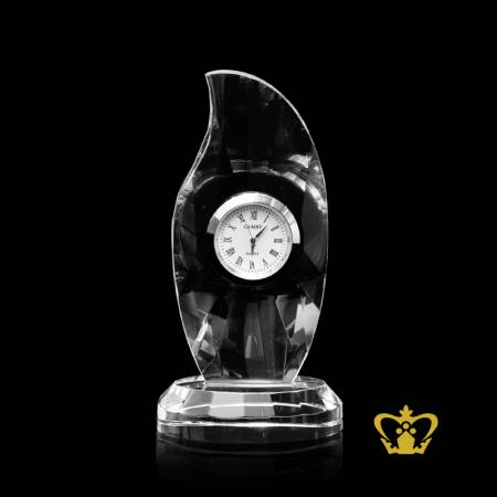 Handcrafted-Crystal-Flame-Trophy-with-Clock-and-Stand-on-Clear-Base-Customized-Logo-Text