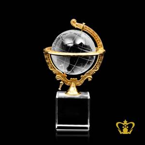 Crystal-globe-trophy-stand-on-golden-color-metal-stand-with-square-cube-base