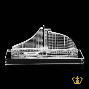 Handcrafted-crystal-replica-of-Jumeirah-Beach-Hotel-with-crystal-bevel-base-custom-logo-text-a-famous-hotel-in-UAE