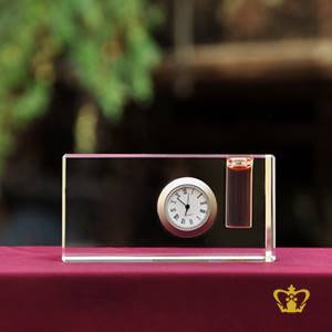 Personalized-crystal-cube-with-clock-and-oil-vial-for-desktop-customized-with-your-name-designation-Logo