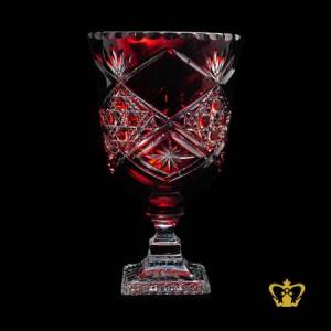 Decorative-ruby-red-elegant-footed-crystal-vase-with-embellished-cuts