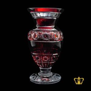 Vintage-timeless-look-rare-ruby-red-crystal-elegant-footed-vase-allured-with-handcrafted-star-pattern