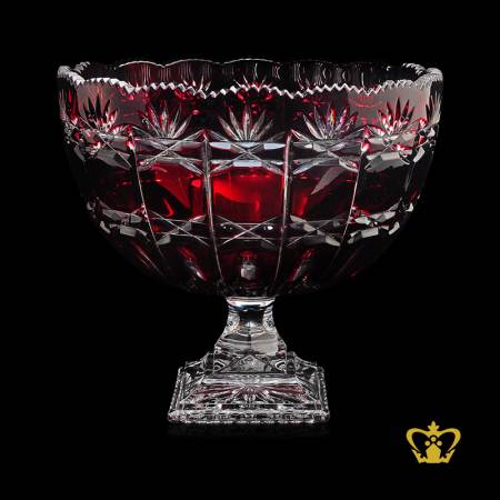 Imperial-scalloped-edge-footed-red-crystal-bowl-adorned-with-striking-intense-handcrafted-leaf-pattern-alluring-decorative-gift