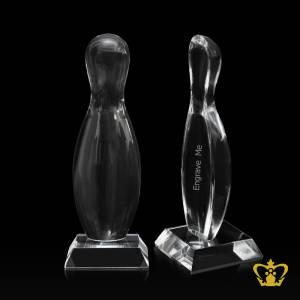 Personalize-crystal-replica-of-half-bowling-pin-with-clear-base-customized-text-engraving-logo