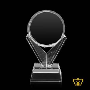 Handcrafted-Crystal-Trophy-in-Circle-Shape-Stands-on-V-Shape-Base-Custom-Text-Engraving-Logo-Base-UAE-Famous-Souvenirs