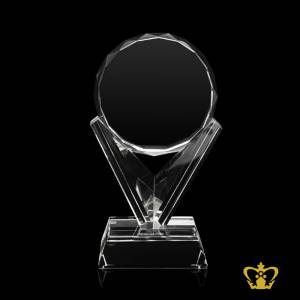 Handcrafted-Crystal-Trophy-in-Circle-Shape-Stands-on-V-Shape-Base-Custom-Text-Engraving-Logo-Base