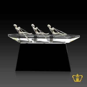 Handcrafted-Crystal-Replica-of-Boat-with-Sailing-Man-in-a-Metal-Clear-Crystal-with-Black-Crystal-Base-Custom-Logo-Text