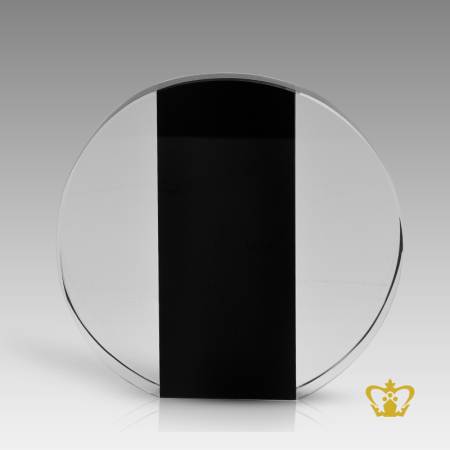 Personalized-crystal-round-paper-weight-black-in-middle-and-globe-for-desktop-customized-with-your-name-designation-logo