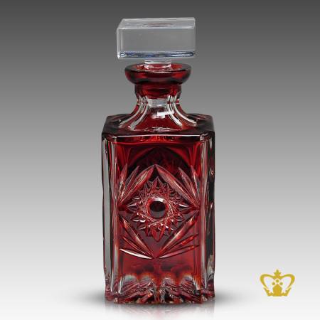 Stylish-red-crystal-whisky-decanter-adorned-with-classic-intense-cut