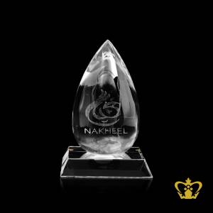 Personalized-crystal-drop-trophy-laser-engraved-logo-and-text-NAKHEEL-with-clear-base