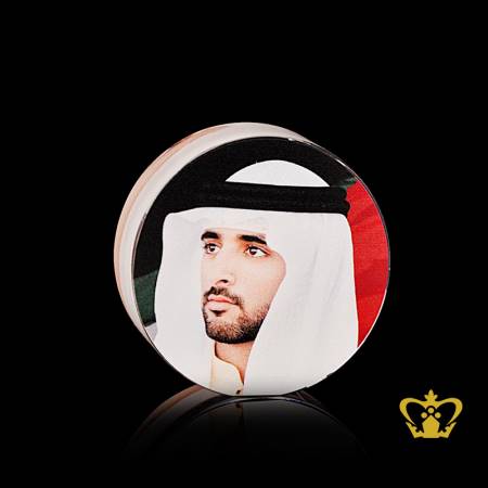 His-Highness-Sheikh-Hamdan-bin-Mohammed-bin-Rashid-Al-Maktoum-Crown-Prince-of-Dubai-Color-portrait-printed-crystal-circle-UAE-National-day-gift-corporate-souvenir