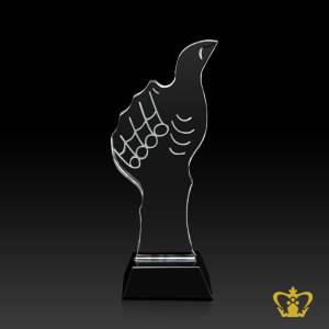 Personalized-crystal-hand-cutout-trophy-with-black-base-customized-text-engraving-logo