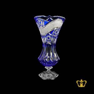 Elegant-handcrafted-footed-long-blue-scalloped-edge-crystal-vase-with-vintage-intense-star-pattern-decorative-gift