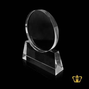 Handcrafted-Crystal-Circle-Trophy-with-Stand-on-Clear-Base-Customized-Logo-Text
