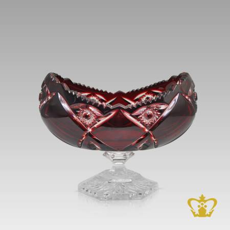 Classy-Charming-Scalloped-Edge-Ruby-Footed-Crystal-Bowl-Ornamented-With-Modish-Handcrafted-Leaf-Pattern-Decorative-Gift