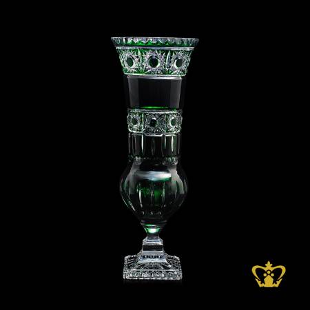 Elegant-green-crystal-vase-clear-footed-handcrafted-with-traditional-carved-pattern