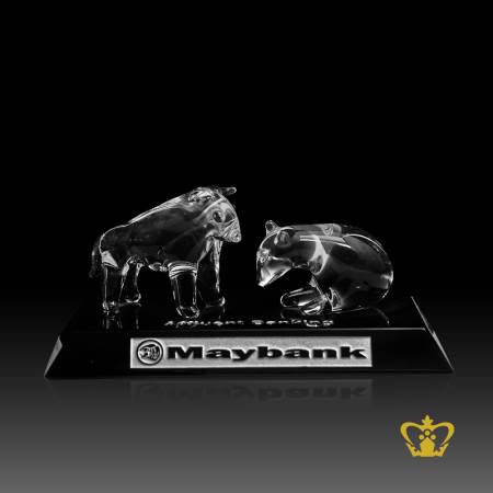 A-Manufactured-Crystal-Replica-of-a-Bull-and-Bear-stands-on-Black-Crystal-Base-Customized-Text-Logo-Engraving