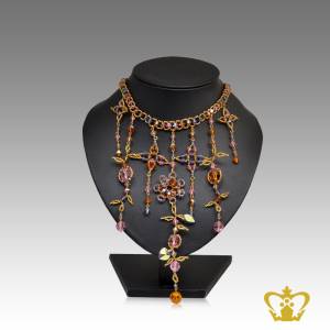 Fancy-golden-necklace-ornamented-with-floral-pattern-and-crystal-stones