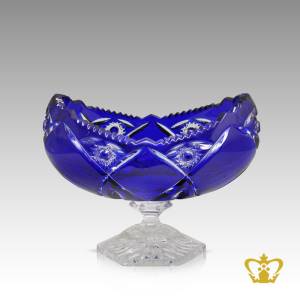 Classy-Charming-Scalloped-Edge-Blue-Footed-Crystal-Bowl-Ornamented-With-Modish-Handcrafted-Leaf-Pattern-Decorative-Gift