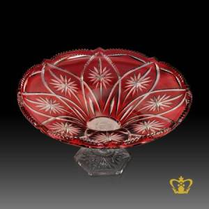 Classy-graceful-red-crystal-elegant-scalloped-edge-footed-bowl-intense-floral-pattern-handcrafted-stunning-decorative-gift
