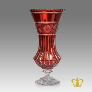 Classy-graceful-red-crystal-elegant-footed-vase-intense-floral-pattern-traditional-star-cuts-handcrafted-stunning-decorative-gift