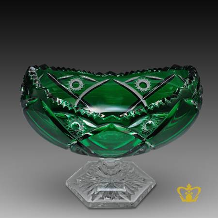 Classy-Charming-Scalloped-Edge-Green-Footed-Crystal-Bowl-Ornamented-With-Modish-Handcrafted-Leaf-Pattern-Decorative-Gift