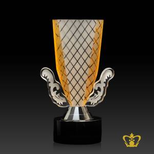 Winner-Cup-Trophy-Amber-Crystal-with-Black-Base-Customized-Logo-Text-10-50-Inch-x-6-50-Inch-