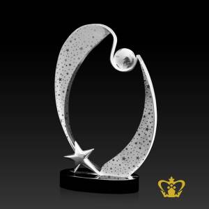 Celestial-crystal-trophy-with-globe-star-and-black-base-an-oval-plaque-with-frosted-star-pattern-signifies-growth-and-accomplishing-goals