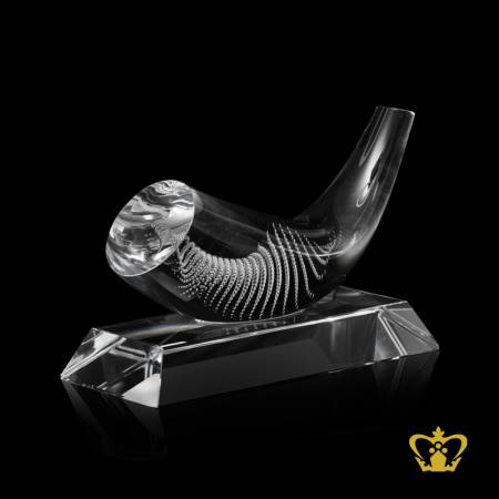 Masterpiece-Artistic-Crystal-Horn-Trophy-with-Intricate-Detailing-stands-on-Clear-Crystal-Base
