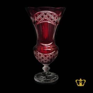 Gorgeous-long-footed-red-crystal-vase-with-intense-traditional-diamond-pattern-hand-crafted