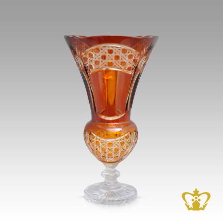 Gorgeous-long-footed-amber-crystal-vase-handcrafted-with-intense-traditional-diamond-pattern