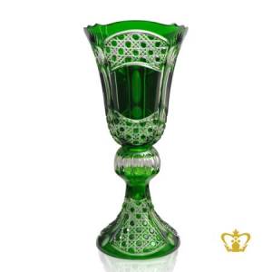 Regal-majestic-long-footed-green-crystal-vase-with-intense-timeless-diamond-pattern-hand-carved