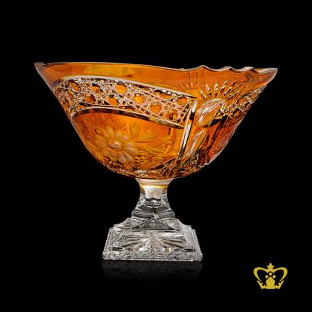 Crystal-amber-color-footed-bowl-handcrafted-with-intense-gorgeous-floral-diamond-pattern-and-flower-hand-engraved-decorative-gift