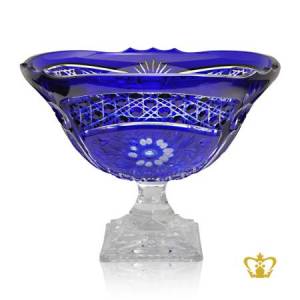 Alluring-graceful-handcrafted-blue-crystal-footed-bowl-handcrafted-with-intense-gorgeous-floral-pattern-and-flower-hand-engraved