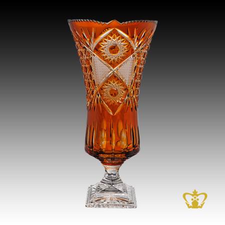 Gorgeous-long-footed-crystal-amber-vase-handcrafted-with-intense-traditional-diamond-and-leaf-cuts-pattern