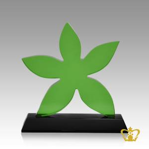 Personalized-crystal-trophy-theme-green-leaf-cutout-with-black-base-customize-text-logo-engraving