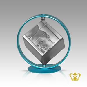 Personalized-crystal-rotating-cube-with-blue-frame-and-for-desktop-customized-with-your-name-designation-logo