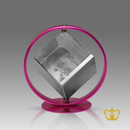Personalized-crystal-rotating-cube-with-pink-frame-and-for-desktop-customized-with-your-name-designation-Logo