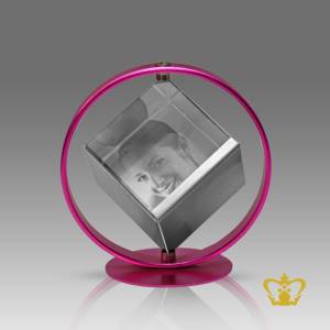 Personalized-crystal-rotating-cube-with-pink-frame-and-for-desktop-customized-with-your-name-designation-Logo