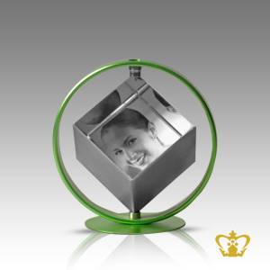 Personalized-crystal-rotating-cube-with-green-frame-and-for-desktop-customized-with-your-name-designation-logo
