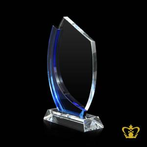 Shield-Trophy-Wave-Cut-with-Blue-Crystal-and-clear-Base-Customized-Logo-Text-11-x-8-Inch-Blue-Color