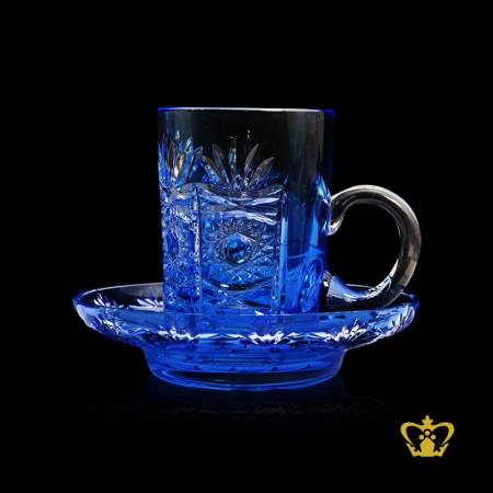 Cobalt-blue-crystal-tea-cup-and-saucer-embellished-with-enticing-cuts-intense-star-leaf-hand-carved-pattern