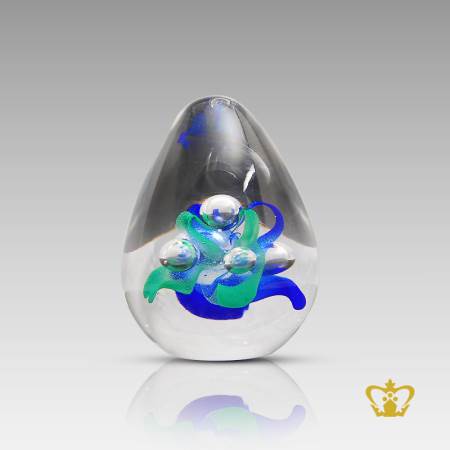 Crystal-drop-paper-weight-allured-with-exotic-blue-green-color-and-bubbles-a-decorative-art-glass-gift-souvenir