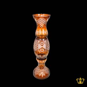 Dazzling-majestic-grand-elegant-3-tier-handcrafted-luxurious-amber-crystal-vase-adorned-with-intense-carved-diamond-pattern