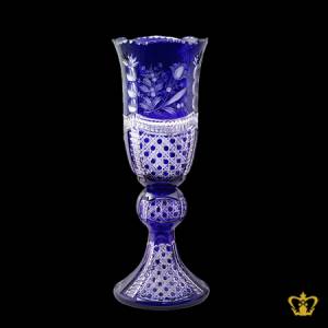 Stunning-blue-luxurious-elegant-2-tier-handcrafted-crystal-vase-adorned-with-intense-carved-diamond-floral-patterns