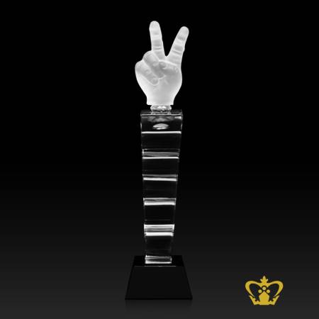 Victory-Sign-Trophy-Crystal-Pillar-with-Black-Base-Customized-Logo-Text-13-Inch-x-2-Inch