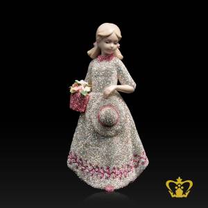 Artistry-Ceramic-Figurine-of-a-Beautiful-Lady-handling-Bunch-of-Flowers-with-Hut-Embellish-with-Swarovski-Stones